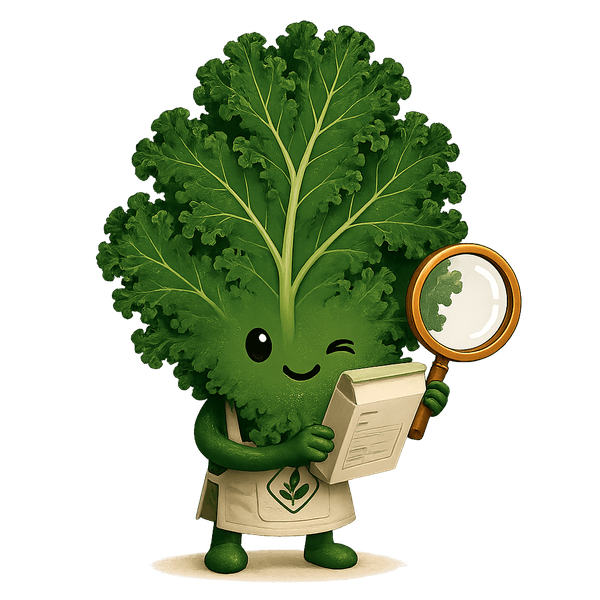 Kale, the VeganBench mascot, checking a label with a magnifying glass